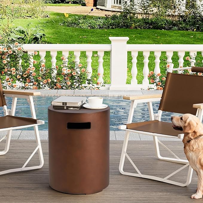 Propane Tank Cover Table Round, Outdoor Tank Covers Propane Storage Box 20 LB Modern Cover Tables with Side Handle, Concrete Hideaway Holder for Patio Backyard Deck (Dark Bronze)