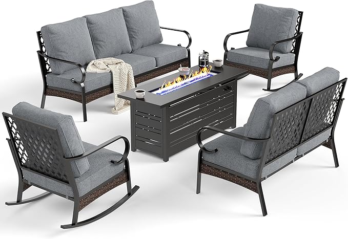 SUNSHINE VALLEY 5 Piece Metal Outdoor Patio Furniture Sets with Firepit Table, Patio Conversation Sets 1 3-Seater Sofa, 2-Seater Loveseat, 2 Rocking Chair with 5.75" Cushion for Backyard Deck, Gray