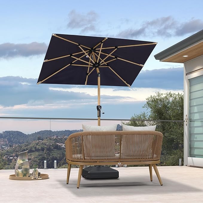 PURPLE LEAF 4' x 6' Patio Umbrella with Base Outdoor Umbrella Aluminum Market Umbrella with Push Button Tilt & Crank and 8 Ribs Rectangular Outdoor Table Umbrella for Pool Garden Beach, Navy Blue