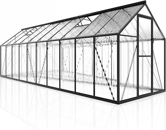 Jocisland 6x20Ft Polycarbonate Greenhouses for Outdoors, 2 Top-Opening Windows, Swing Doors, Aluminum Walk-in Heavy Duty for Outdoor Use, Backyard Garden, Black