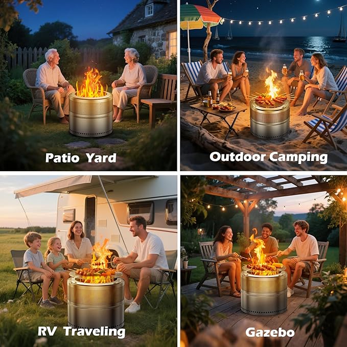 20 Inch Smokeless Fire Pits, Portable Firepit Stainless Steel Stove Bonfire, Outdoor Wood Burning Fireplace with Removable Ash Pan & Grill Rack, 360° Ventilation, for Camping, 4-6 People