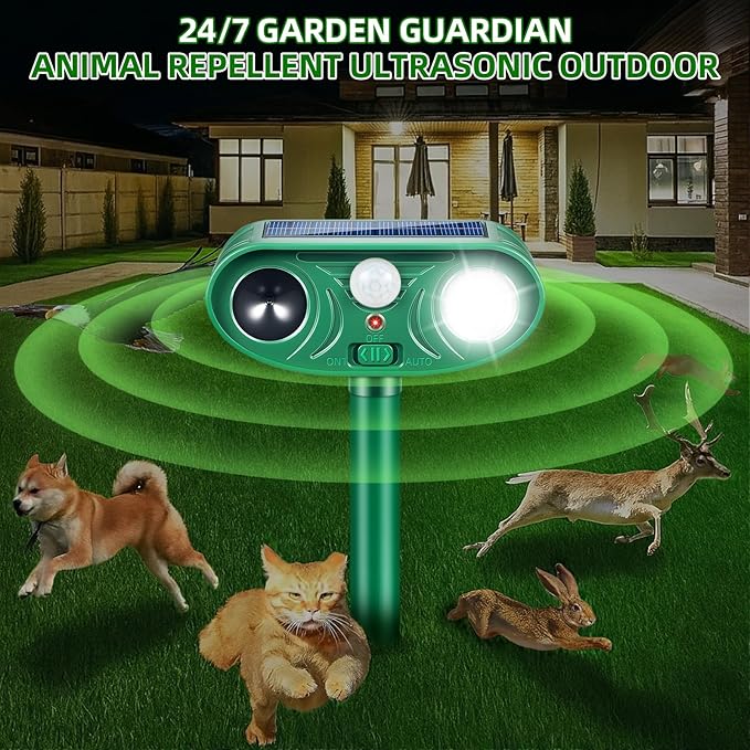 Solar Ultrasonic Animal Repellent Outdoor 2 Pack Cat Rabbit Squirrel Dog Deer Repellent Devices Coyote Skunk Raccoon Fox Deterrents Light Animal Repeller with Motion Sensor for Yard Garden