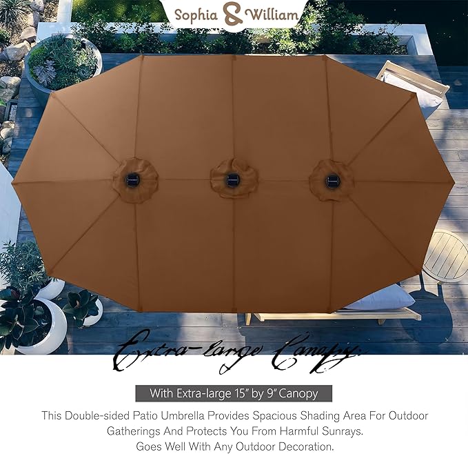 Sophia & William 15 ft Extra Large Patio Umbrella with Solar Lights, Rectangular Outdoor Umbrella with Base Included, Market Umbrella Double-sided Heavy Duty for Pool Garden Backyard, Tawny
