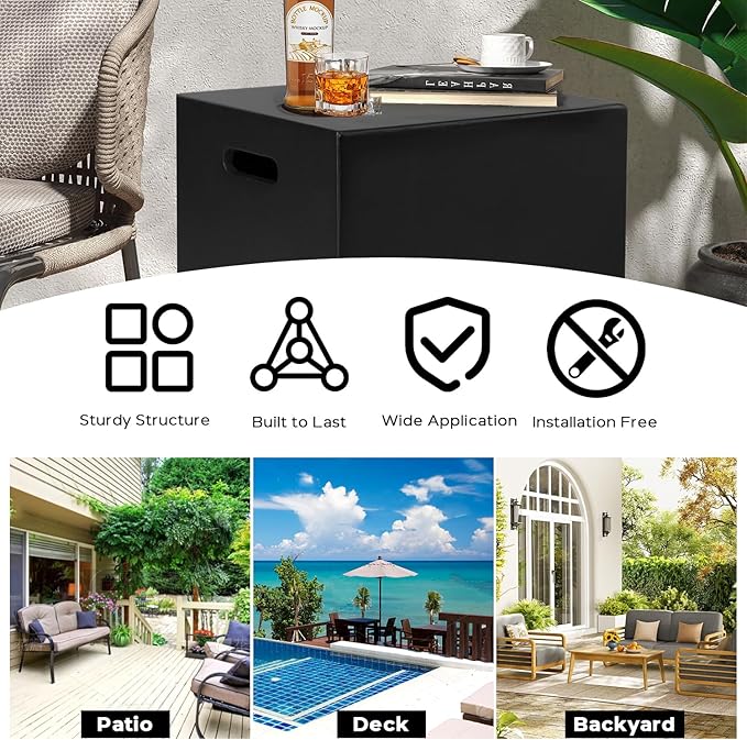 Propane Tank Cover Table Square, Outdoor Tank Covers Propane Storage Box 20 LB Modern Cover Tables with Side Handle, Concrete Hideaway Holder for Patio Backyard Deck (Black)
