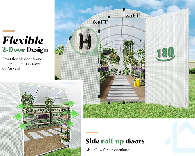 AMERLIFE 44x10x7.5 FT Tunnel Greenhouse for Outdoors, Large Walk-in Greenhouse kit with Durable Steel Frame, Swing Door & Premium PE Cover, White