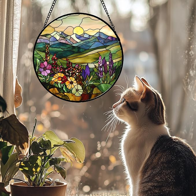 QZQCBLC Stained Glass Window Hanging Purple Wildflowers Pastoral Scenery Large 11.8" - Suncatcher Door Garden Sun Catcher Home Decor Birthday Christmas for Mom Men Woman Friend