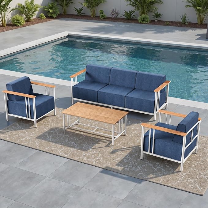 Luxury Patio Furniture Set with 10" Extra Thick Cushions, 4 PCS Outdoor Furniture Set with Patio Chairs & Couch & Coffee Table, Suitable for Porch, Balcony, Deck, Yard, Poolside, White/Blue