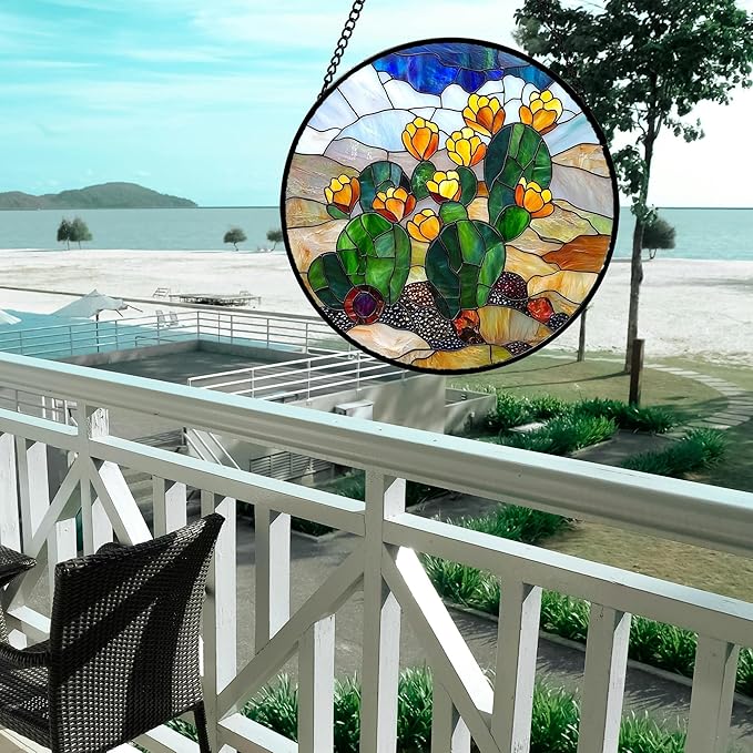 QZQCBLC Stained Glass Window Hanging Green Cactus with Yellow Flowers Large 15" - Suncatcher Door Garden Sun Catcher Home Decor Birthday Christmas for Woman Nana Friend Men Kids