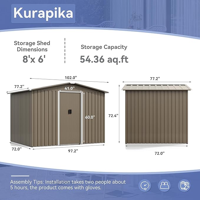 Kurapika Outdoor Storage Shed, 8x6FT Large Metal Tool House with Opening and Lockable Door, for Garden, Patio, Backyard, Lawn