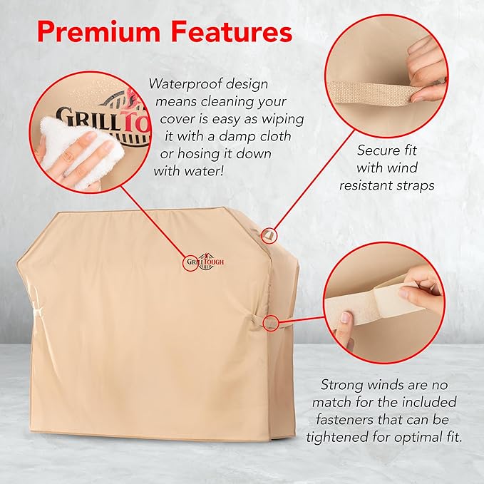 Heavy Duty BBQ Grill Cover for Outdoor Grill, 72 Inch – Waterproof, Weather Resistant, UV & Fade Resistant with Adjustable Straps – Gas Grill Cover for Weber, Genesis, Charbroil, etc. Tan