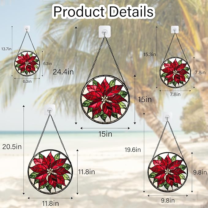 CRISGIF Stained Glass Window Hanging - Red Poinsettia Birth Flower Suncatcher for Door Garden Yard Sun Catchers Decor Christmas Mother's Day Birthday Gifts for Women Mom Nana Friend Men 6.3 in