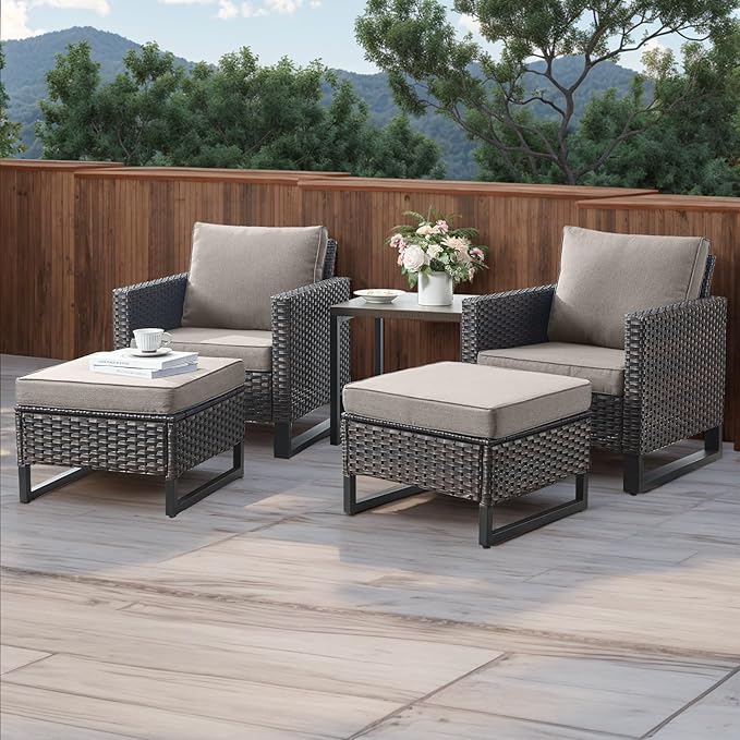 HUMMUH 5 Piece Patio Furniture Outdoor Bistro Set All-Weather Wicker Outdoor Chairs with Ottomans End Table for Patio,Porch,Garden,Backyard