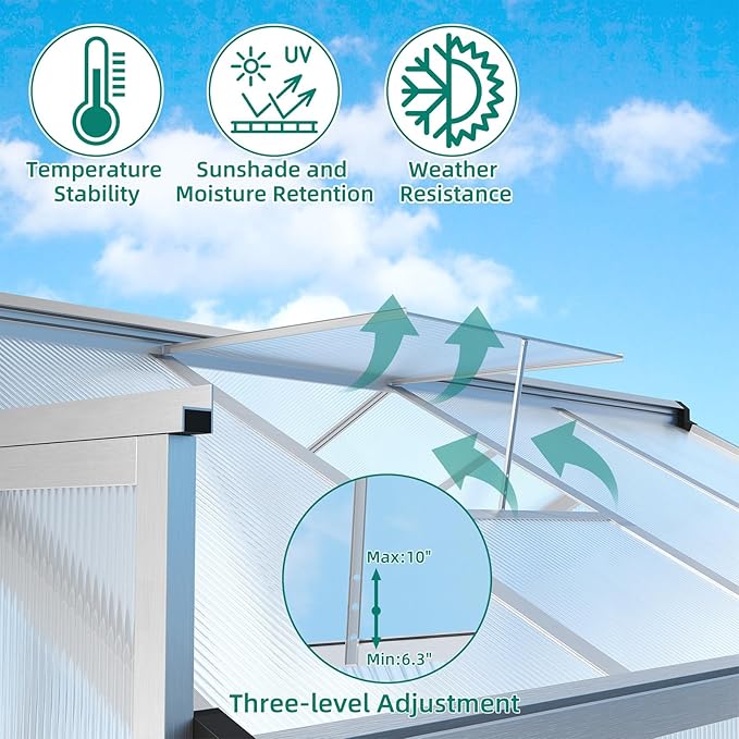 Garvee 8x12 FT Greenhouse - Aluminum Greenhouses for Outdoors, Large Polycarbonate Greenhouse with Roof Vent, Heavy Duty Walk-in Green Houses for Outside Garden, Backyard, Patio, Lawn, Easy Assembly
