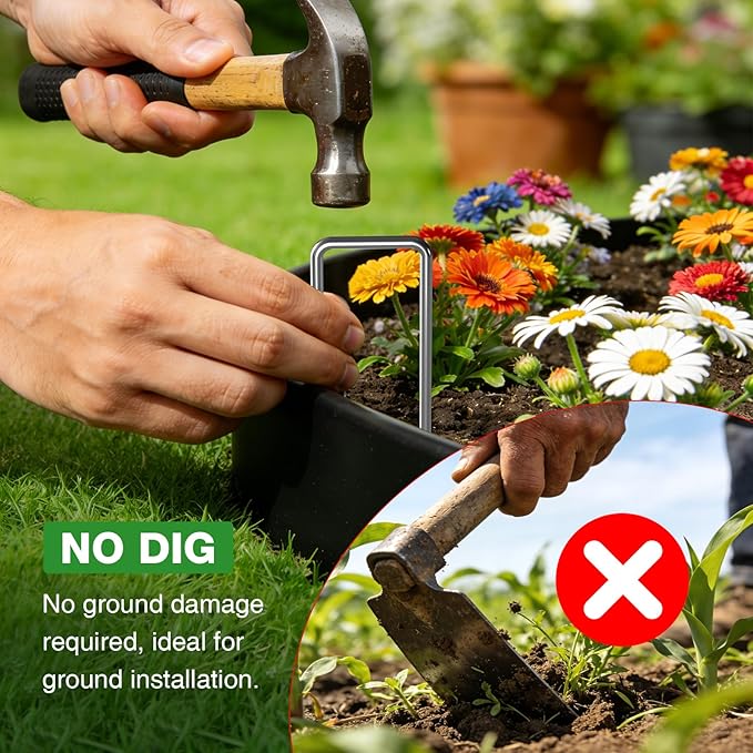 4in Tall,33ft Landscape Edging Kit with 50pcs Metal Spikes, Reinforced Rib Design,No-Dig Flexible Plastic Edge Border for Landscape, Lawn,Garden,Flower Beds,Yard,Paver,Playground, Fence,Pathway,Black