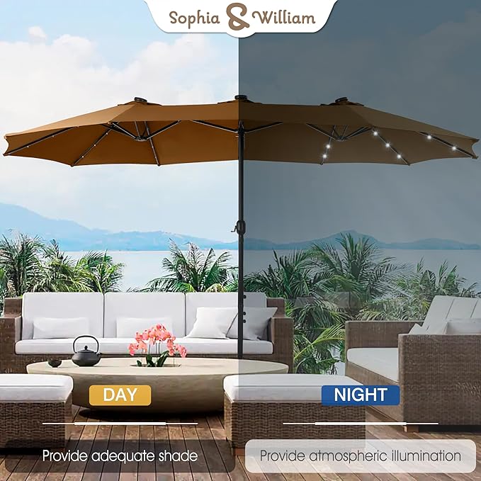 Sophia & William 15 ft Extra Large Patio Umbrella with Solar Lights, Rectangular Outdoor Umbrella with Base Included, Market Umbrella Double-sided Heavy Duty for Pool Garden Backyard, Tawny