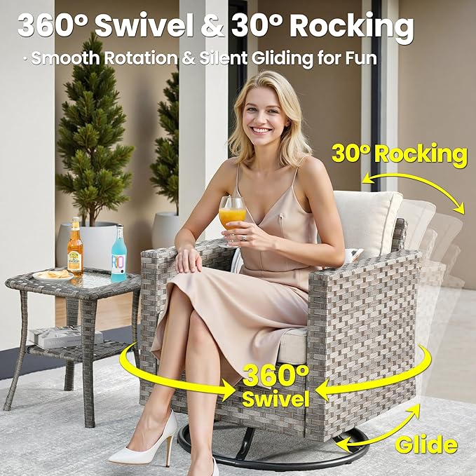 ovios 9 Pieces Patio Furniture Set, Outdoor Wicker Sectional Sofa with 30" Fire Pit Table Swivel Chair, Modern Modular Deep Seat Rattan Couch Conversation Sets, Beige