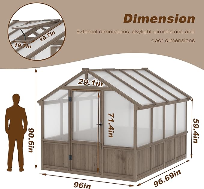 VEIKOU 8’x8’ Greenhouses for Outdoors, Walk-in Wood Greenhouse with Cedar Frame & Adjustable Vents, Garden Green House with 6MM Thick Polycarbonate Panel for Outside, Backyard, Light Brown Mocha