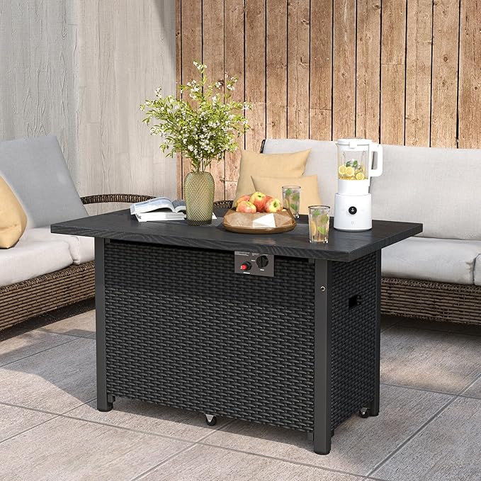 Tangkula Outdoor Propane Fire Pit Table, 42 Inch Rectangular Rattan Fire Table with Wind Guard & Glass Rocks, 50,000 BTU Smokeless Gas Fire Pit for Outside Patio (Black)
