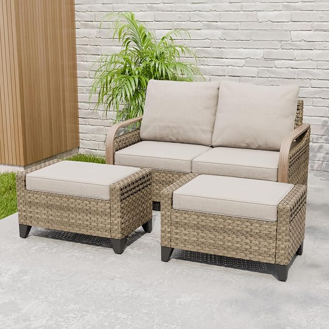 EAGLE PEAK Modern Wicker Outdoor Patio Furniture Set, Patio Conversation Set, a 2-Seat Loveseat and 2 Ottomans, 3 Pieces, Brown/Gray