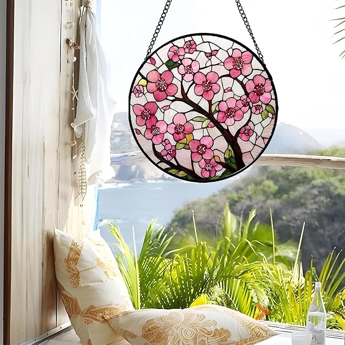 CRISGIF Stained Glass Window Hanging - Cherry Blossoms Birth Flower Suncatcher for Door Garden Patio Sun Catchers Decor Christmas Mother's Day Birthday Gifts for Women Mom Nana Friend Wife 15 in