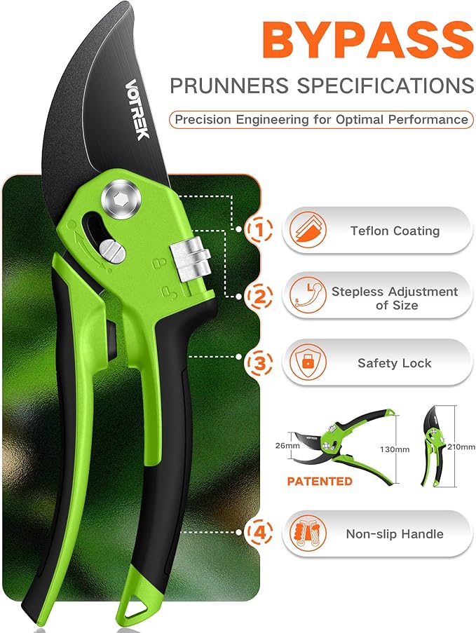 Pruning Shears for Gardening - 8.5" Garden Clippers with SK5 Blade, Stepless Adjustable Handle for All Hand, Ergonomic Bypass Plant Pruners Scissors for Heavy Duty Branch Bush Rose Tool
