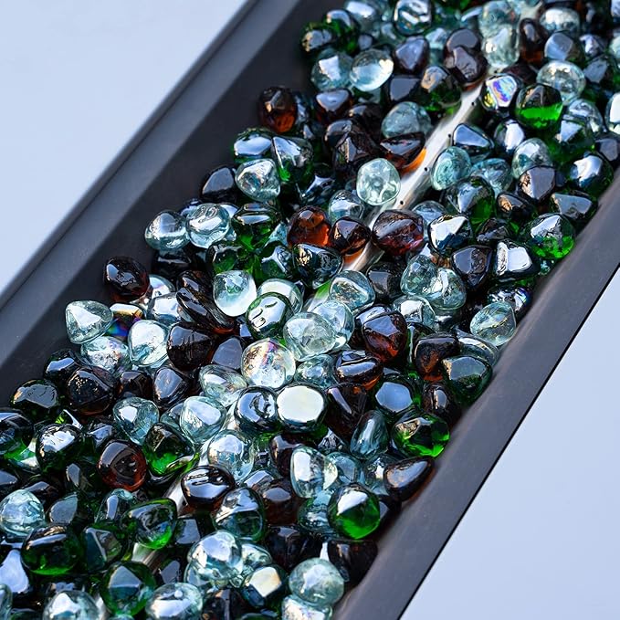 onlyfire 10-Pounds Fire Glass Diamonds for Propane Fire Pit, 1 Inch Blended Firepit Glass Rocks Stones for Gas Fireplace and Fire Pit Table, Emerald Green, Crystal Ice and Amber
