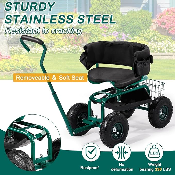 Outvita Rolling Garden Seat with Wheels, Gardening Stool with Height Adjustable 360 Degree Swivel Seat, Ergonomic Backrest, Tool Tray & Storage Basket, Outdoor Gardening Scooter Cart for Patio, Green