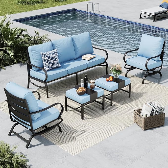MFSTUDIO 5 Pieces Patio Conversation Sets,Outdoor Metal Furniture Sofas with 1 x 3-Seat Sofa, 2 x Rocking Chairs,2 x Ottoman,Wrought Iron Frame with Blue Cushion for Patio Courtyard Balcony