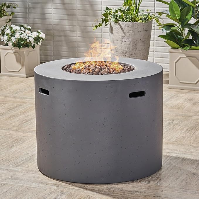 31-inch Round Magnesium Oxide Propane Gas Fire Pit Table - 40,000 BTU Outdoor Heater with Hidden Tank Space, Lightweight Concrete Patio Firepit for Backyard/Deck/Garden, Dark Grey