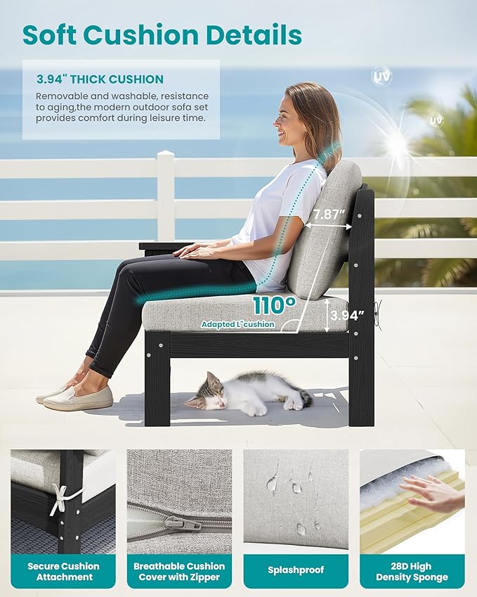 SERWALL HDPE Patio Loveseat Sofa, 2 Pieces Single Sofa, Weather-Resistant Outdoor Furniture Chair with Thick Removable Cushion, Balcony, Garden, Backyard, Poolside, Black Frame with Khaki Cushion