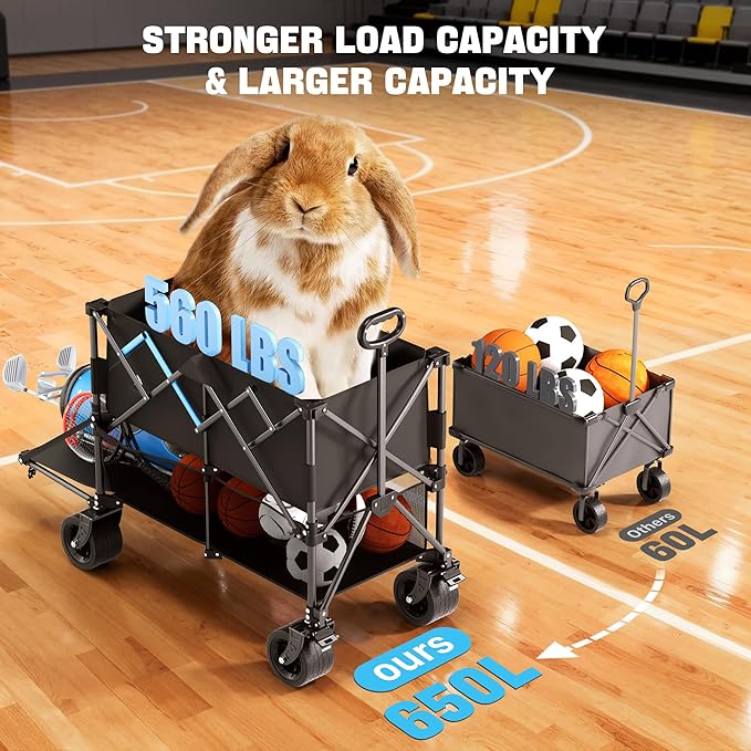 52" Heavy Duty Double Decker Wagon with Brakes,560LBS Double Decker Wagon Collapsible,650L Foldable Wagons Carts with All-Terrain Big Wheels for Sports,Camping,Fishing,Transport