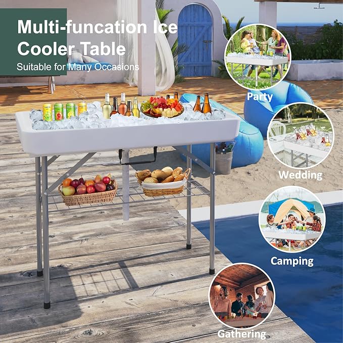 IWDOO 4 Foot Ice Cooler Table, Outdoor Cooler Table with Removable Matching Skirt and Shelf, Folding Ice Tables for Party, BBQ, Camping, Picnic, Portable Foldable Self-Serving Beverage Cooling Bar