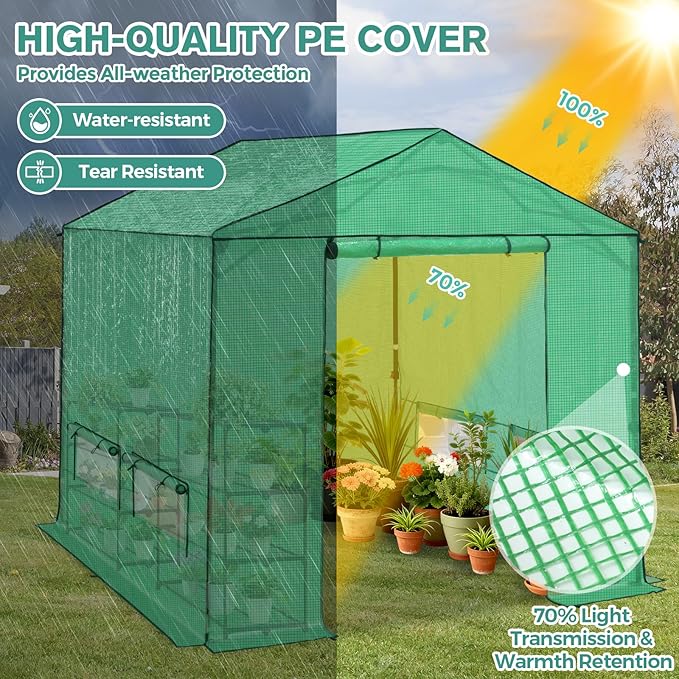 COOS BAY 8x8 FT Pop up Greenhouse Outdoor, Walk in Green House with Power Access Openings, Zippered Doors & Windows, Durable PE Cover, Green