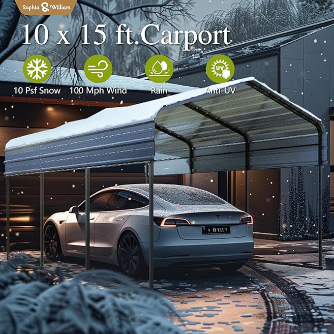 Sophia & William Carport Car Port Metal Canopy 10x15 ft Heavy Duty for Snow, Portable Garage Kit Shed Tent Shelter Metal Frame All Weather Outdoor for Boat with Anti-Leak Seam Taped, Dark Grey