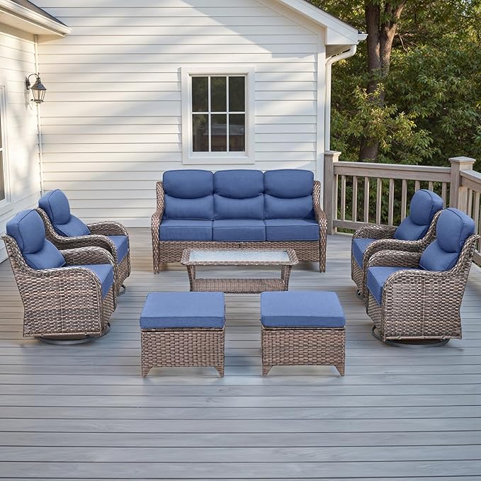 Rilyson Wicker Outdoor Patio Furniture Set - 8 Piece Patio Conversation Sets with Swivel Rocker Chairs, Ottomans, Sofa and Table, 6 inch Cushions, Deep Seating, for Porch Deck Brown/Blue