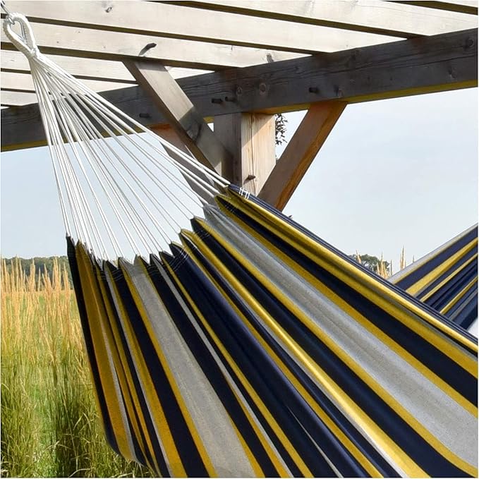 Vivere Brazilian Style Double Cotton Hammock with Polyester End Strings, 450 lb Weight Capacity (Serenity)