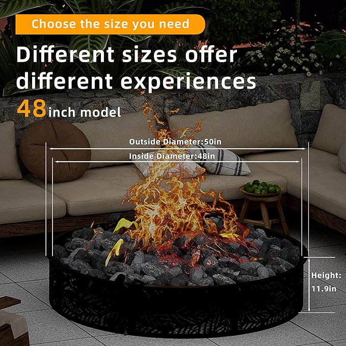 Smokeless Fire Pit Ring, 48 Inch Inner/50 Inch Outer, 11.9" Height, Heavy Duty Metal Fire Ring for DIY Fire Pits, Outdoor Above or In-Ground, Camping Garden Patio Backyard