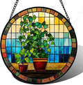 QZQCBLC Stained Glass Window Hanging Green Potted Plants 9.8" - Suncatcher Door Garden Sun Catcher Retro Home Decor Birthday Christmas for Mom Men Woman Nana Friend