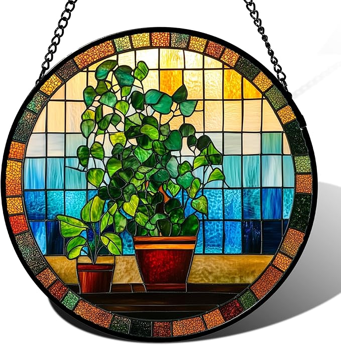 QZQCBLC Stained Glass Window Hanging Green Potted Plants 6.3" - Suncatcher Door Garden Sun Catcher Retro Home Decor Birthday Christmas for Mom Men Woman Nana Friend