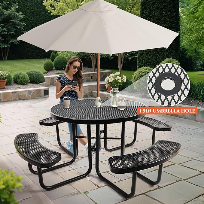 46" Round Top Outdoor Picnic Table Set for Up to 8 Persons, Outside Table Set with 4 Built-in Benches, Metal Commercial-Grade Dining Furniture with Umbrella Hole for Garden, Backyard, Porch, Patio