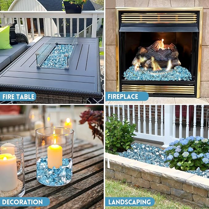 GasSaf 1/4 Inch Fire Glass Reflective Tempered Fireglass Cut Crushed FireGlass for Fire Pit, Fireplace, Replaces Existing Gas Logs & Lava Rocks (10 Pound)(Caribbean Blue)