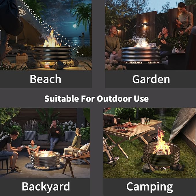 60 Inch Outdoor Fire Pit Ring, Round Galvanized Portable Fire Pit for Camping, Metal Steel Bonfire Fire Ring for Outside, Backyard