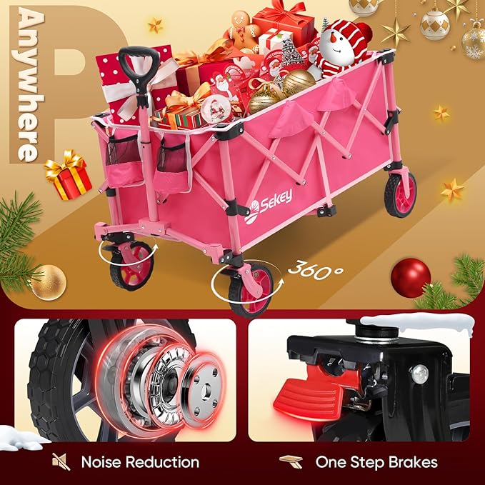 Sekey Pink Collapsible Foldable Wagon with 330lbs Weight Capacity, Heavy Duty Folding Wagon Cart with Big All-Terrain Wheels & Drink Holders. Pink