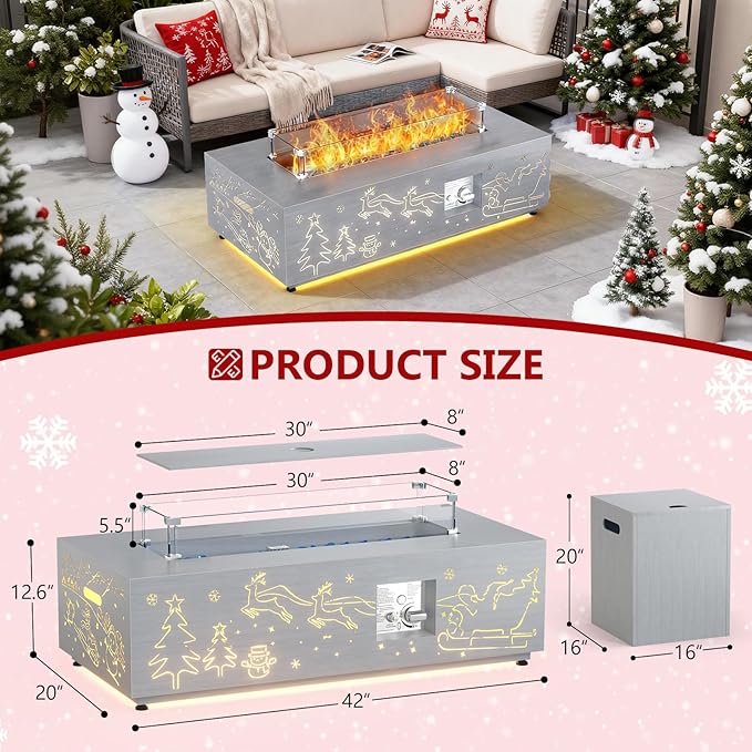 Dineli Propane Fire Pit Table 42 Inch Gas Fire Pits & Outdoor Fireplaces w LED, Tabletop Fire Pit Firepits for Outside Patio, 50,000 BTU (Light Gray, Christmas Pattern with Warmlight)