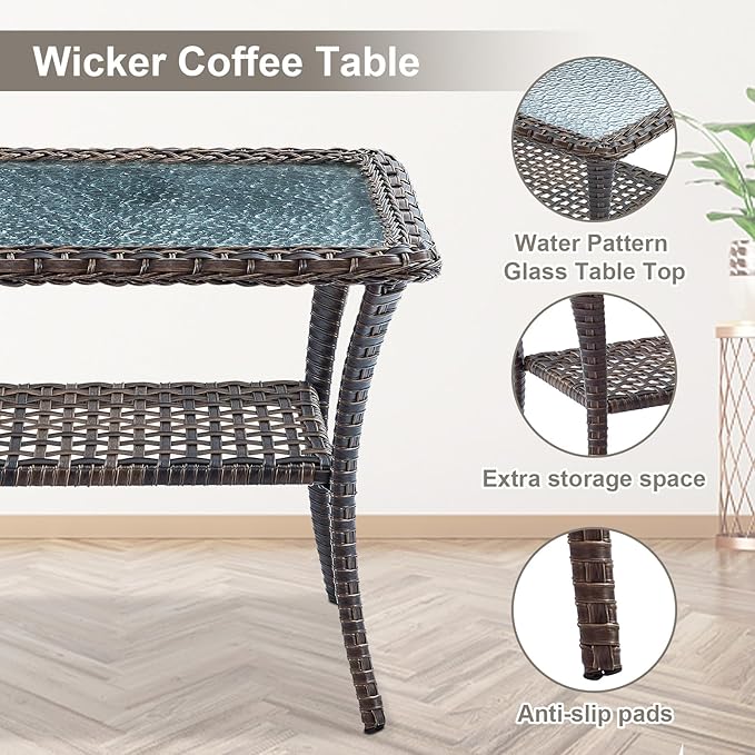 Belord Patio Wicker Furniture with Rocking Chairs Loveseat, 5 Piece Rattan Furniture Outdoor Table and Rocking Chairs Set for Patio Deck Porch Backyard Brwon/Blue