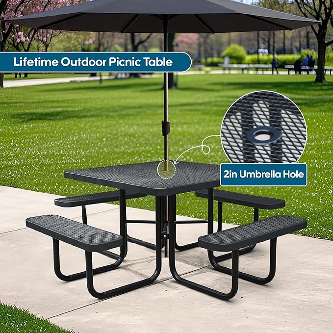 HIMcup 46" Square Picnic Table W/Benches,Heavy Duty Metal Picnic Table Set with 2in Umbrella Hole, 1600 lb Capacity,Commercial Dining Table Furniture for Yard Patio Lawn Party Coffee Shop