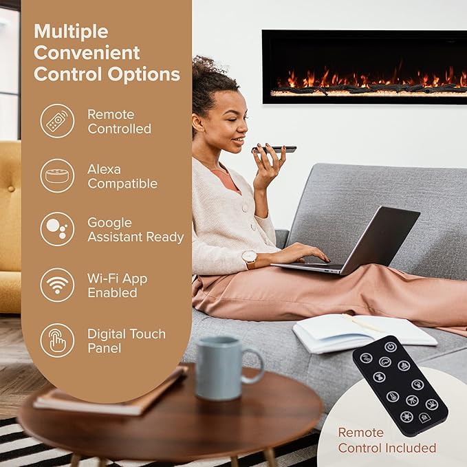 Modern Ember Highmark 100 Inch Smart Linear Electric Fireplace - Premium Flame with 10 Colors, Sleek Hidden Vent Design, Install Recessed in-Wall or Wall-Mount, WiFi Enabled