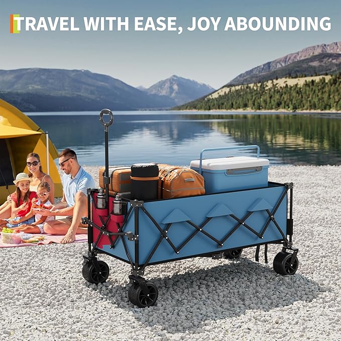 52" Foldable Wagon for Beach with 460lbs Weight Capacity, Heavy Duty 350L Extra Large Collapsible Foldable Wagon for Camping, All Terrain Beach Wagons Extended with Cup Holders for Sand
