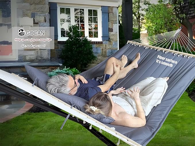 GOCAN Quilted Fabric Double Hammock Won't flip with Stand and Spreader Bars,Safer and Sturdier,Quality Hammocks for Outdoor Indoor Patio Yard Two Sided Dual use Deep Grey