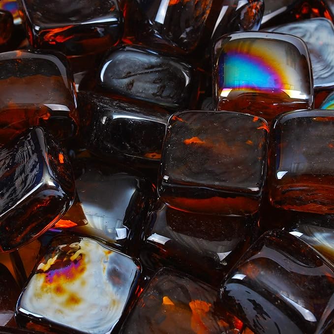 Reflective Fire Pit Glass Cubes - Professional Grade Fire Glass for Fire Pit - 1" Firepit Glass Rock - Glass Stones - Gas & Propane Fire Pit & Fireplace Glass (10 Pound, Amber)